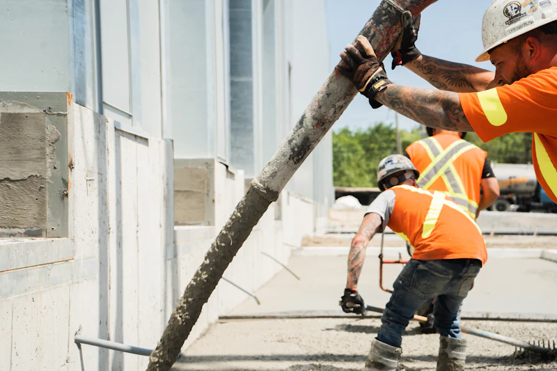 Crew guiding the concrete hose during a pour