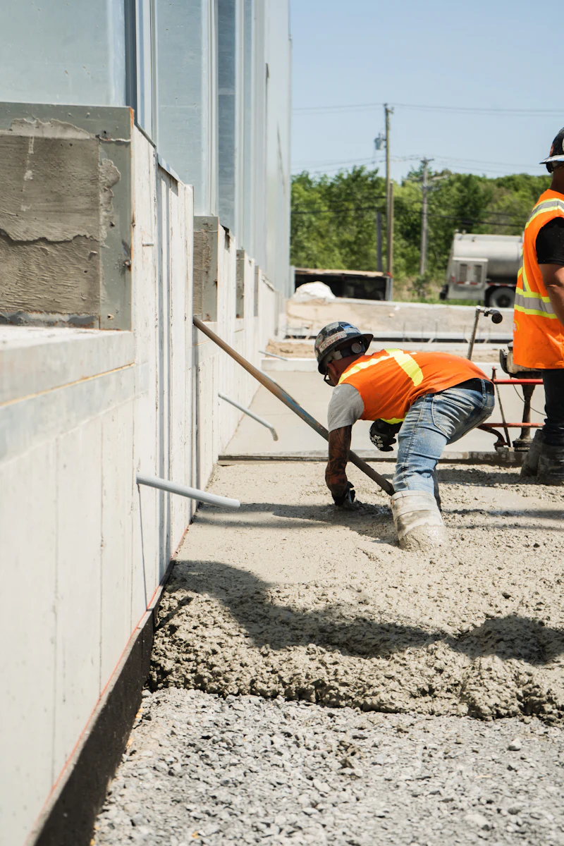 Crew placing fresh concrete along a foundation wall